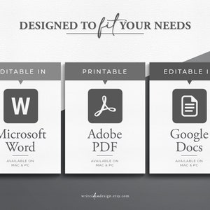 May include: A graphic with the text "DESIGNED TO FIT YOUR NEEDS" at the top. Below are three panels with icons for Microsoft Word, Adobe PDF, and Google Docs. Each panel indicates availability on Mac & PC.
