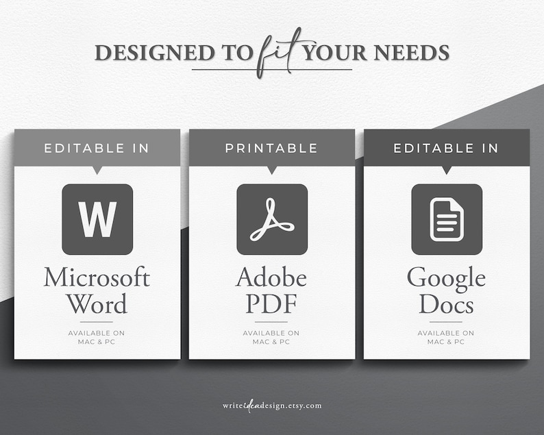 May include: A graphic with the text "DESIGNED TO FIT YOUR NEEDS" at the top. Below are three panels with icons for Microsoft Word, Adobe PDF, and Google Docs. Each panel indicates availability on Mac & PC.