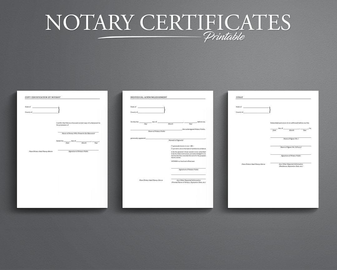 Printable Notary Certificates Set. Notary Public Certifications