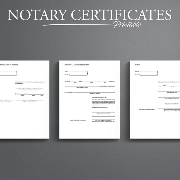 Printable Notary Certificates Set. Notary Public Certifications. Individual Acknowledgement, Jurat, and Copy Certification. PDF Format.