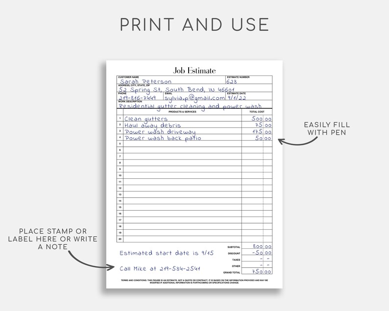 Printable Estimate Form. Business Job Estimate. Easy and Etsy