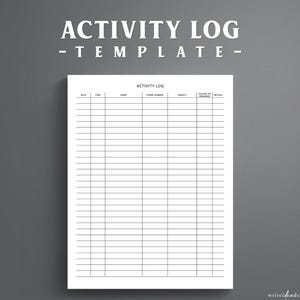 Op de afbeelding: Een wit activiteitslogboek-sjabloon met de tekst ACTIVITY LOG - TEMPLATE bovenaan. Het formulier bevat kolommen voor datum, tijd, naam, telefoonnummer, onderwerp, vereiste follow-up en initialen, met horizontale lijnen voor invoer.