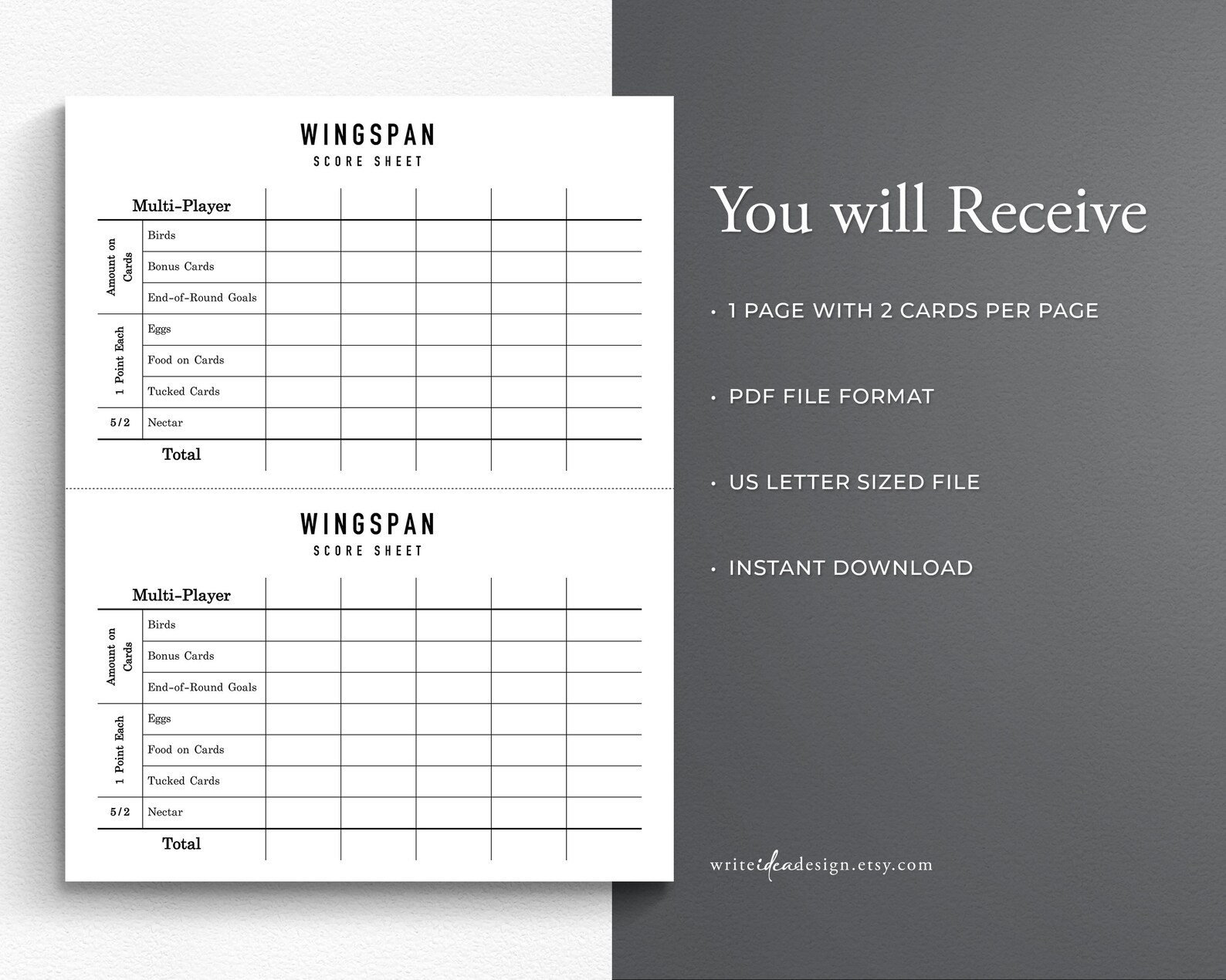 Wingspan Score Sheet. Printable Wingspan Score Pad. Wingspan Etsy