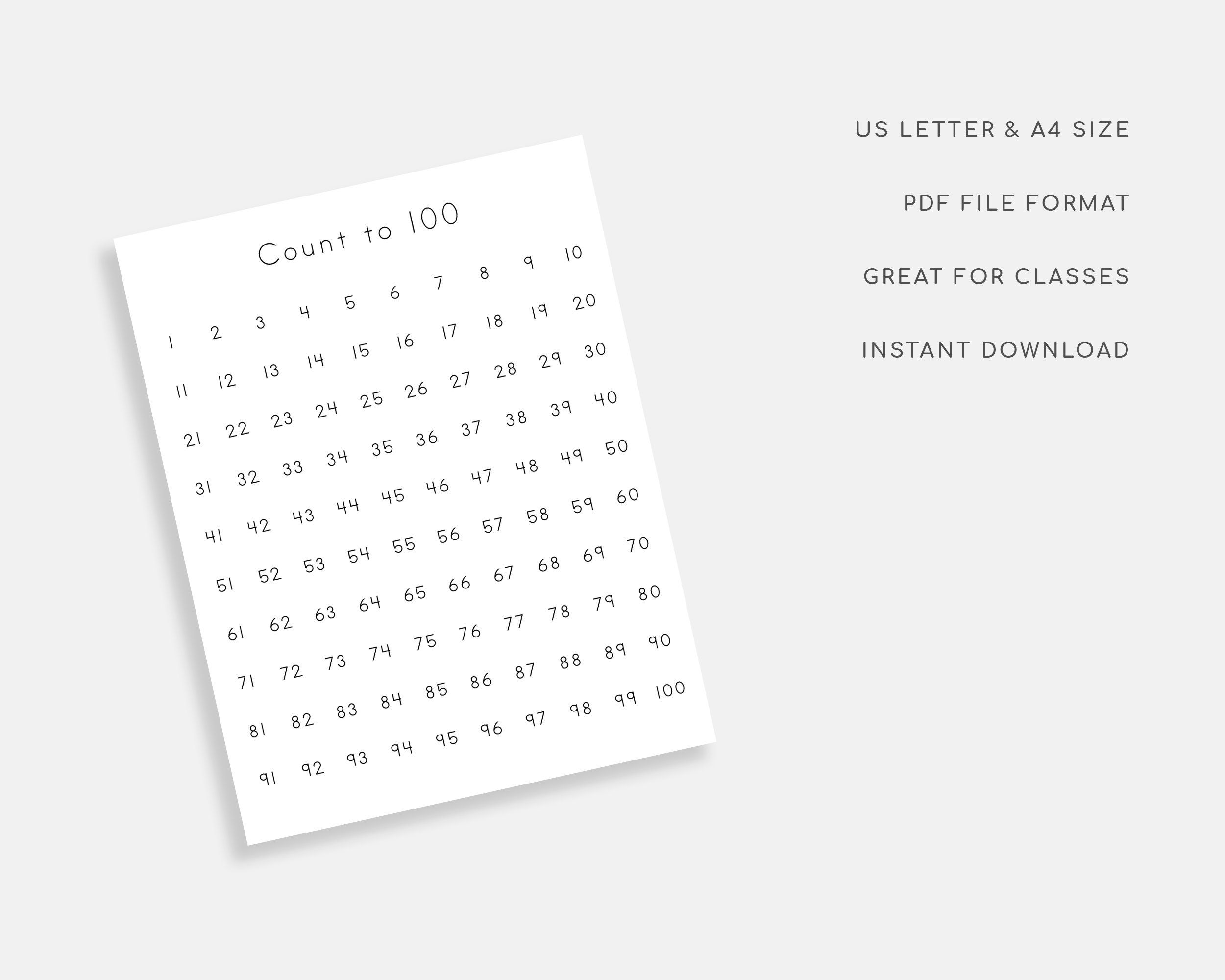 Number Chart 1 100 Printable Count To 100 Number Learning Etsy Canada