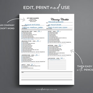 May include: A printable cleaning checklist template with a blue and white color scheme. The checklist includes sections for reception area, breakroom, conference room, offices, restrooms, other services, and monthly tasks. The template is designed to be edited and printed for use by cleaning companies.