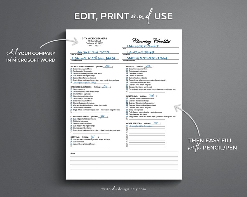 May include: A printable cleaning checklist template with a blue and white color scheme. The checklist includes sections for reception area, breakroom, conference room, offices, restrooms, other services, and monthly tasks. The template is designed to be edited and printed for use by cleaning companies.
