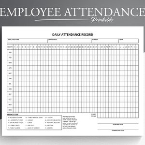 Daily Employee Attendance. Printable PDF. Attendance Tracker. Employee Absence Tracker. Absence log. Daily Attendance Record.