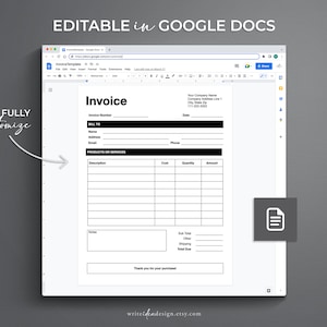 May include: A black and white invoice template in Google Docs. The template includes fields for invoice number, date, bill to, products or services, cost, quantity, amount, sub total, other, shipping, and total due. The template also includes a space for notes and a thank you message.