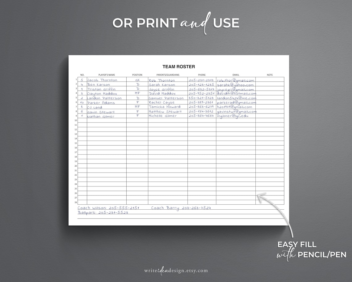 Sports Team Roster Template: Printable PDF, Google Docs, Word - Etsy