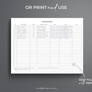 Sports Team Roster Template: Printable PDF, Google Docs, Word - Etsy