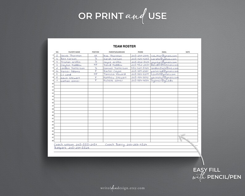 Sports Team Roster Template: Printable PDF, Google Docs, Word - Etsy