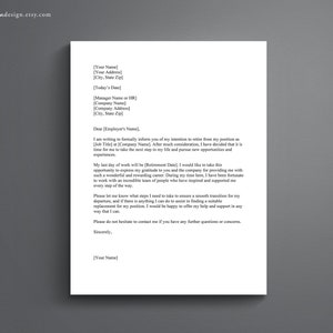 May include: A formal resignation letter template with a black and white design. The letter is addressed to an employer and includes the employee's name, address, and date. The letter states the employee's intention to retire from their position and expresses gratitude to the employer.