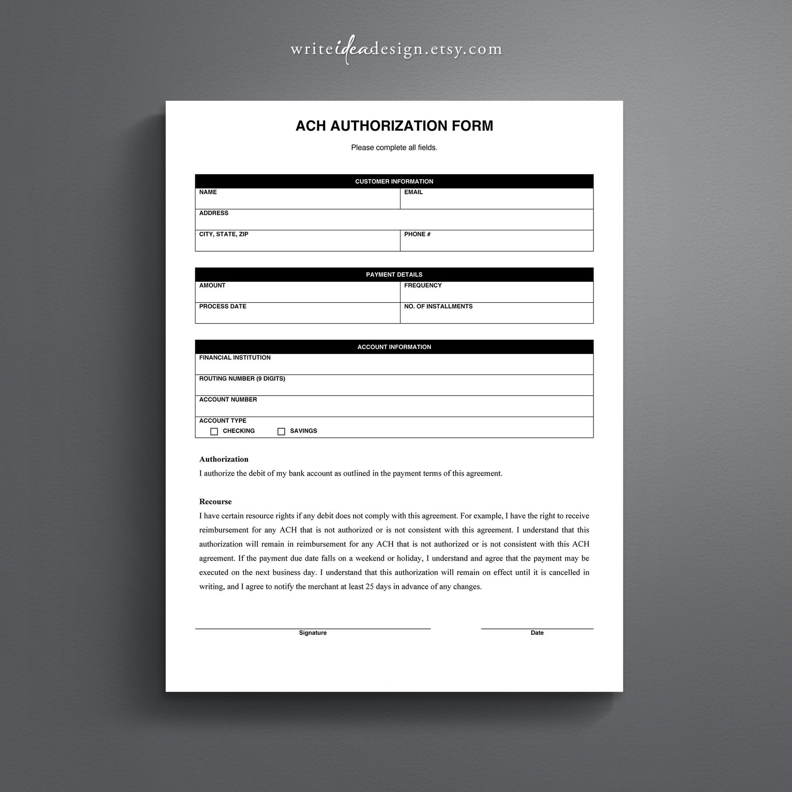 ACH Authorization Form Template Debit Authorization for Payment
