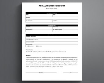 ACH Autorisierungsformular Vorlage - Einzugsermächtigung für Zahlung - Microsoft Word, Google Docs, printable PDF