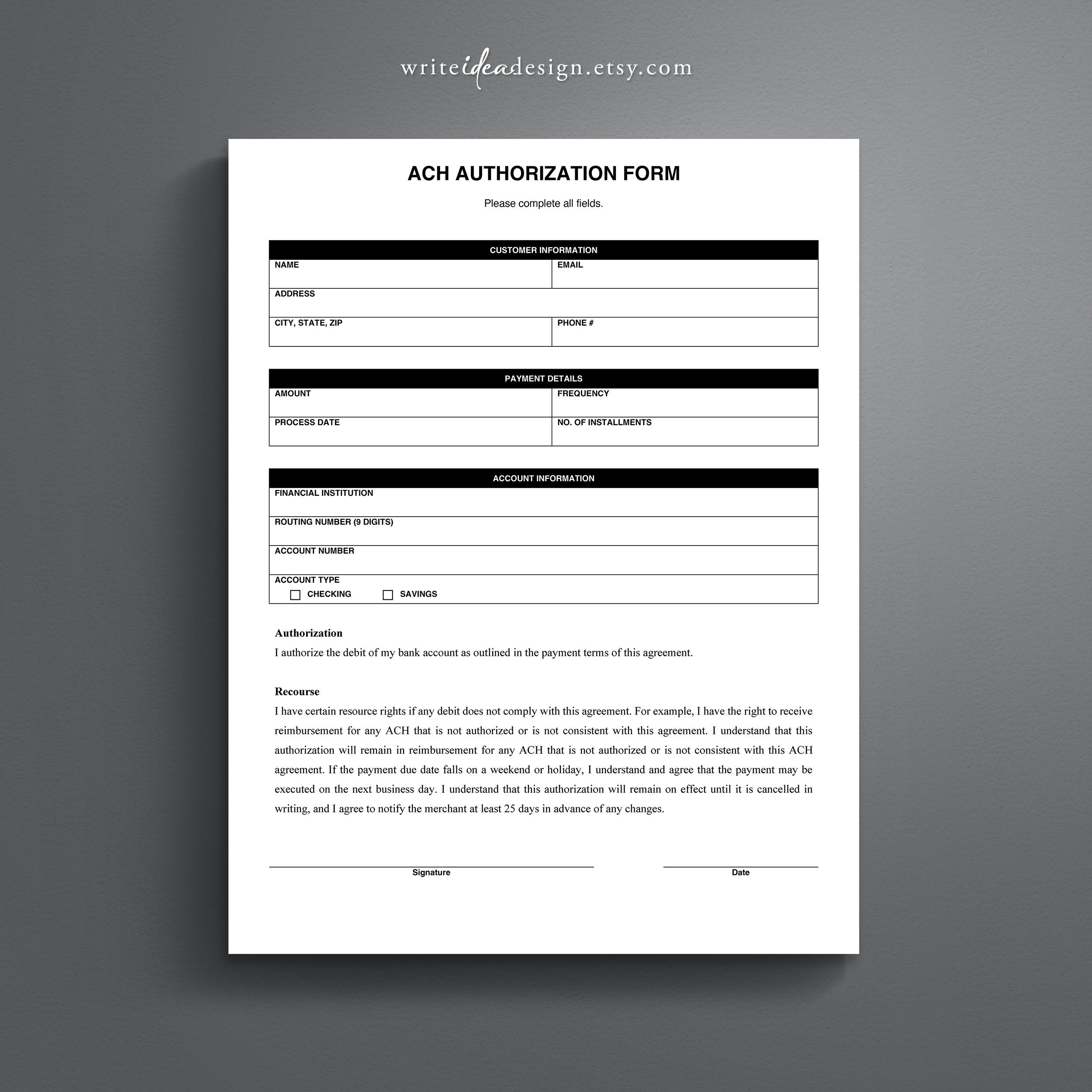 ach authorization form template - debit authorization for payment