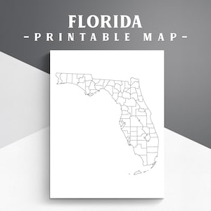 Puede incluir: Un mapa imprimible en blanco de Florida, con contornos de condados en negro. El texto "FLORIDA - PRINTABLE MAP -" está en la parte superior en una fuente sans-serif en negrita. El mapa se muestra sobre una superficie blanca contra un fondo gris.