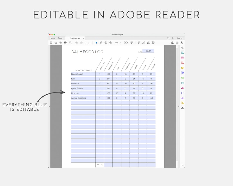May include: A printable daily food log with a blue header that says "Daily Food Log". The log includes columns for food, servings, calories, protein, carbs, fat, and sodium. The log is editable in Adobe Reader.
