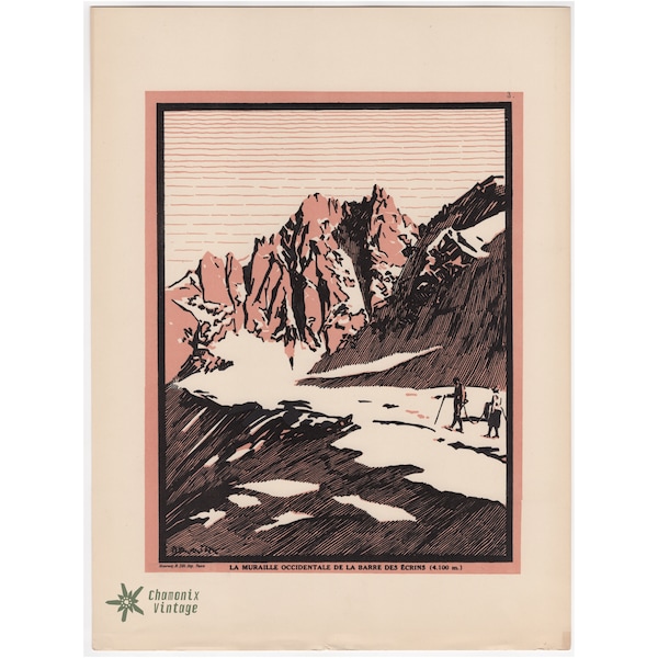 La Muraille Occidentale de la Barre des Ecrins - Superbe Lithographie ORIGINALE 1920s - Montagne Alpes Glacier - Alpinisme Pelvoux Art Deco