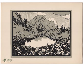 Un Lac de Belledonne - Superb ORIGINAL vintage Lithography 1920s - Mountain french Alps - Dauphiné Draim Isère Grenoble Art Deco