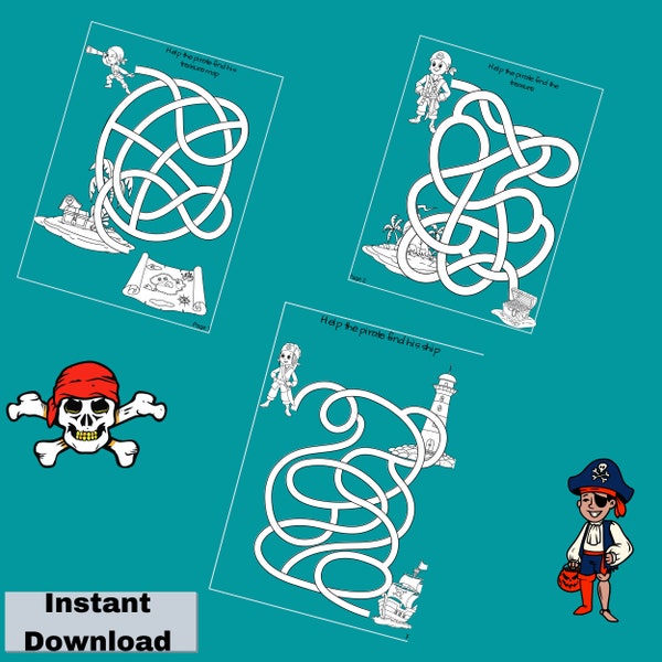 Pirate maze for Kids | Three Fun Activity Mazes | PDF Download with Solutions