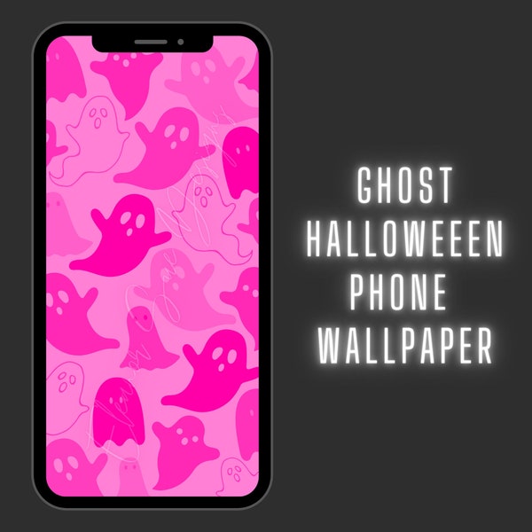 Hot Pink Ghost Halloween Phone Wallpaper. Ghost Halloween wallpaper. Aesthetic Ghost Halloween Background. iPhone/Android compatible.