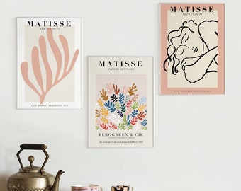 Matisse Art Set of 3 - Pink, Rose Gold, Beige - Exhibition Poster - Papier Decoupes - Floral Wall Art - Mid Century Vintage Art Print