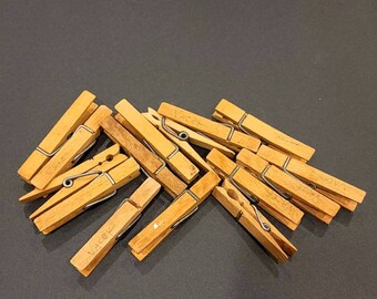 One Dozen Primitive Wood Clothes Pins Wire Spring Vintage 