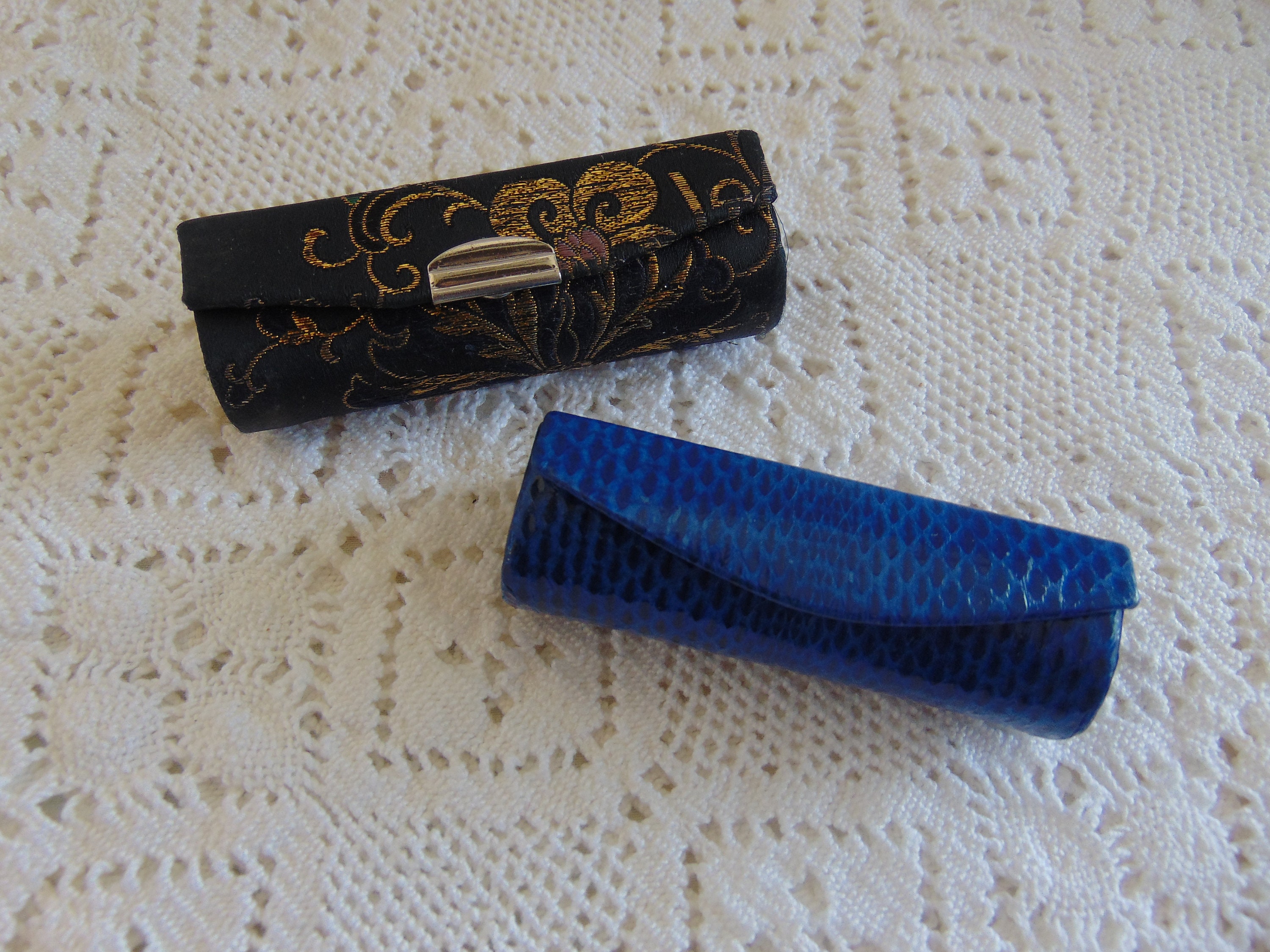 Vintage Blue Leather Lipstick Case Holder with Mirror