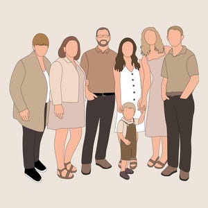May include: Illustration of a family of seven, depicted in a minimalist style with neutral tones. The figures are outlined in black, with solid color fills for their clothing. The color palette includes shades of brown, beige, and white, creating a cohesive and modern aesthetic.