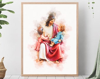 Lámina de acuarela de Jesús con niños, arte SUD (descarga digital)