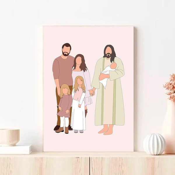 Portrait de famille personnalisé de fausse couche, portrait de famille de bébé ange, portrait de fausse couche avec Jésus, mort-né, cadeau de perte, illustration numérique