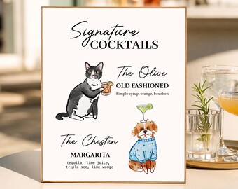 Insegna personalizzata e stravagante per cocktail a tema animali domestici, scarabocchio di animali, illustrazione di drink esclusivi, arte con cani o gatti, decorazioni per matrimoni.