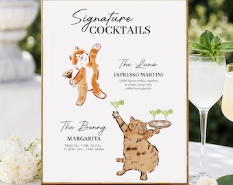Cartello personalizzato per cocktail di nozze con animali domestici ad acquerello, menù di bevande con la firma del cane, disegno di un animale domestico