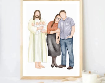 Miscarriage Watercolor art,  Family Portrait , Jesus and baby, Stillborn Loss , Memorial Keepsake