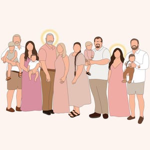 May include: Digital illustration of a family of eleven people, with a neutral color palette. The figures are depicted in a minimalist style, with each person holding a baby or toddler. The background is a soft, off-white color.