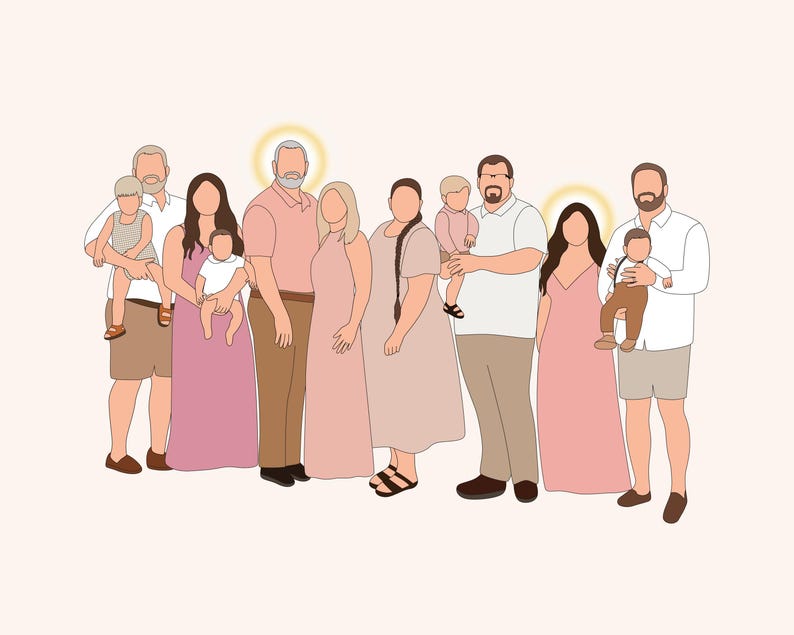 May include: Digital illustration of a family of eleven people, with a neutral color palette. The figures are depicted in a minimalist style, with each person holding a baby or toddler. The background is a soft, off-white color.
