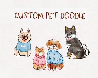 Custom Cat Doodle, Dog Portrait, Hand-Drawn Illustration, Personalized Animal Artwork