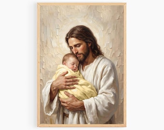 Jesus Christ Holding Baby, Picture of Jesus, LDS Art, Bible Painting, Christian Nursery Art