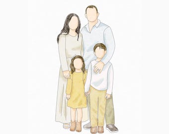 Retrato familiar en acuarela sin rostro, Día de la Madre, Día del Padre, Pintura conmemorativa