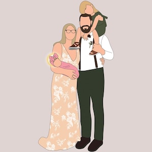 Pu&ograve; includere: Illustrazione digitale di una famiglia di quattro persone. La madre indossa un abito floreale e tiene in braccio un bambino avvolto in una coperta rosa. Il padre ha un bambino sulle spalle. Lo sfondo &egrave; rosa chiaro.
