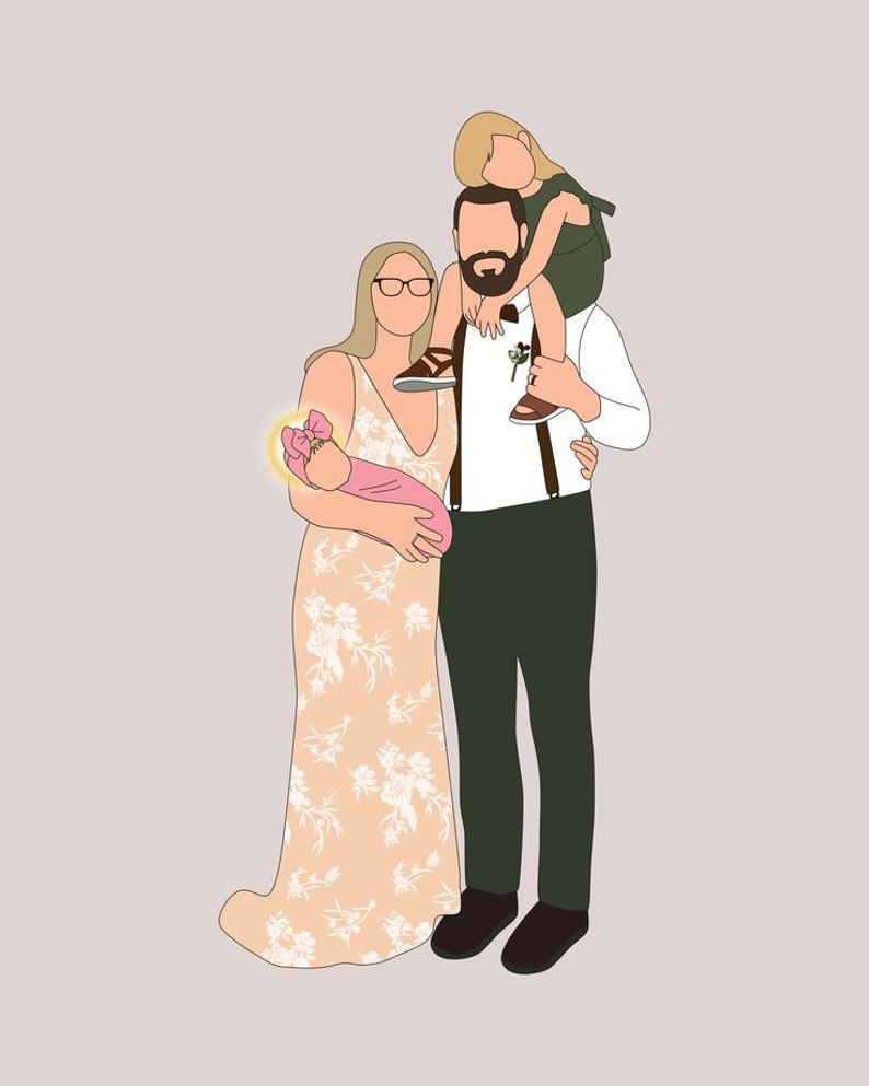 Pu&ograve; includere: Illustrazione digitale di una famiglia di quattro persone. La madre indossa un abito floreale e tiene in braccio un bambino avvolto in una coperta rosa. Il padre ha un bambino sulle spalle. Lo sfondo &egrave; rosa chiaro.