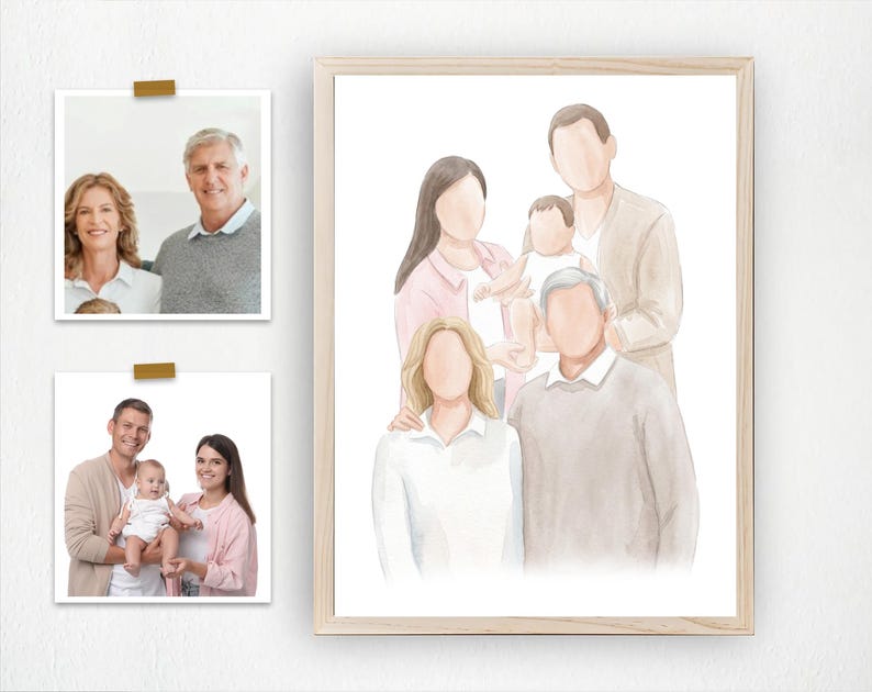 Puede incluir: Un retrato familiar en acuarela enmarcado con seis figuras sin rostro en tonos neutros. Dos fotograf&iacute;as m&aacute;s peque&ntilde;as est&aacute;n sujetas con clips dorados. Los retratos se exhiben en una pared blanca.