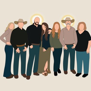 May include: Illustration of a family of seven, depicted in a minimalist style. The figures are wearing various outfits, including cowboy hats, jeans, and long-sleeved shirts. The background is a solid, neutral color with a golden halo effect behind some of the figures.