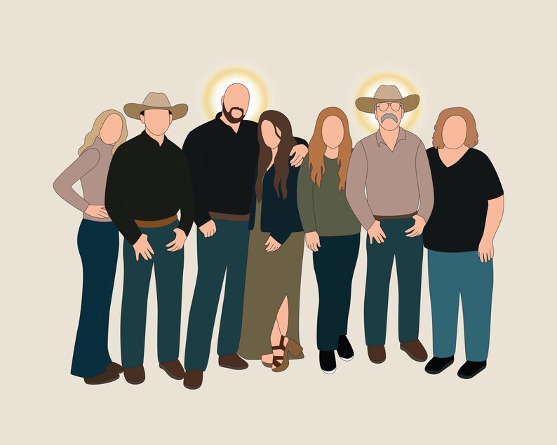 May include: Illustration of a family of seven, depicted in a minimalist style. The figures are wearing various outfits, including cowboy hats, jeans, and long-sleeved shirts. The background is a solid, neutral color with a golden halo effect behind some of the figures.