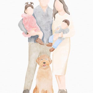 Puede incluir: Ilustraci&oacute;n en acuarela de una familia de cuatro con un perro. Los padres sostienen a dos ni&ntilde;os peque&ntilde;os. El perro es de color marr&oacute;n claro. La familia est&aacute; de pie frente a un fondo blanco. La ilustraci&oacute;n tiene una paleta de colores suaves y apagados.