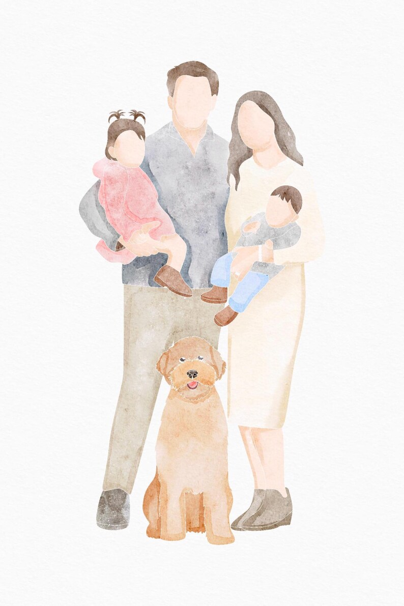 Puede incluir: Ilustraci&oacute;n en acuarela de una familia de cuatro con un perro. Los padres sostienen a dos ni&ntilde;os peque&ntilde;os. El perro es de color marr&oacute;n claro. La familia est&aacute; de pie frente a un fondo blanco. La ilustraci&oacute;n tiene una paleta de colores suaves y apagados.
