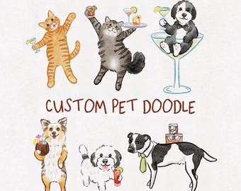 Pet Portrait Martini Edition, Signature Drink illustration, Dog Doodle, Cat Art,  Cocktail Wedding Sign
