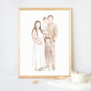 Puede incluir: Retrato familiar en acuarela en un marco de madera. La obra representa a una familia de cinco, con figuras sin rostro en tonos neutros. La madre sostiene a un beb&eacute; envuelto en rosa, mientras que el padre sostiene a un ni&ntilde;o peque&ntilde;o. Una ni&ntilde;a est&aacute; de pie delante.