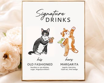 Signature Cocktail Sign, Pet doodle, Bar Menu, Wedding Drink, His and Her Drinks, Bride and Groom