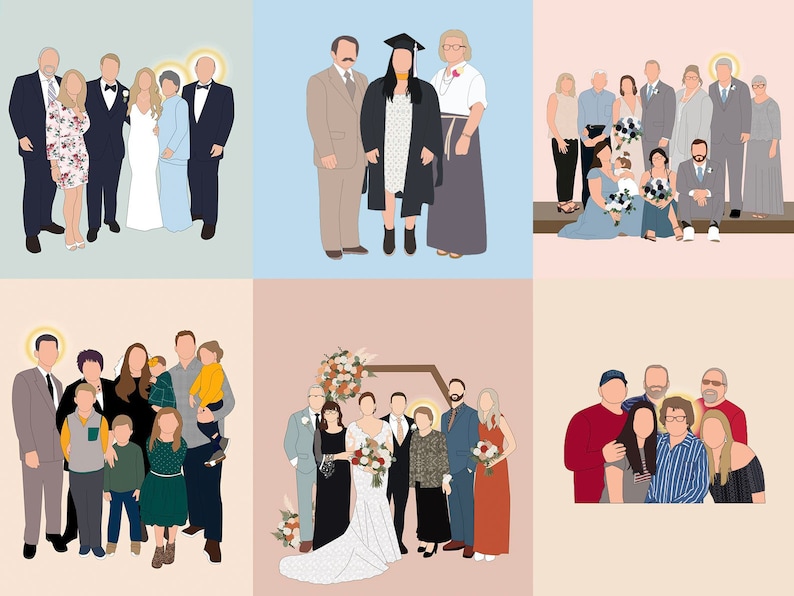 May include: Digital illustrations of families and groups of people, each in a unique pose. The illustrations feature a variety of outfits, including formal wear, graduation attire, and casual clothing. Each person is depicted with a halo.